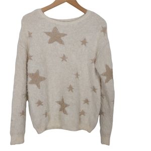 Jun & Ivy Cream Knit Pullover Soft Eyelash Sweater Gold Stars Women’s Size Small